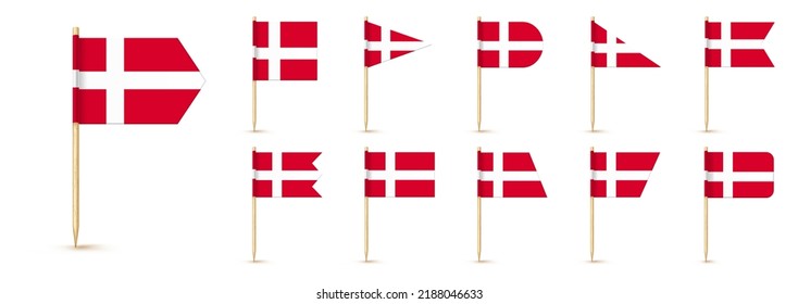 Denmark toothpick flag isolated on wood stick with white paper. Realistic little tooth pick for lunch. Vector cocktail decoration.