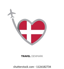 Denmark travel concept. Heart shape flag with airplane