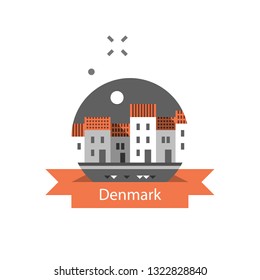 Denmark travel destination, old town row of houses by water, tourism in Europe, danish architecture, vector icon, flat illustration