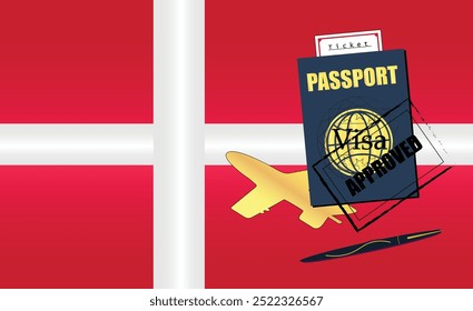 Denmark Travel Documentation Concept with blue Passport and Denmark Flag. Approved Stamp. Airplane and Travel Tickets. Ideal for Immigration Tourism and Traveling Themes. Vector EPS available