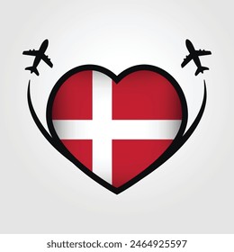 Denmark Travel Heart Flag With Airplane Icons