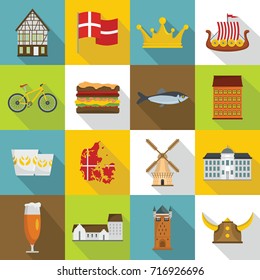 Denmark travel icons set. Flat illustration of 16 Denmark travel vector icons for web