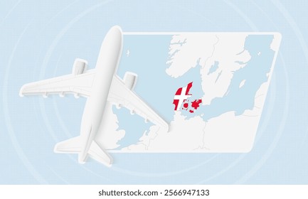 Denmark Travel Illustration with Plane and National Flag. Ideal for travel agencies, promotional materials, or geographic content related to Denmark.