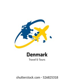 Denmark Travel and Tours logo. Vector travel company logo design - Country map Leisure travel logo template. Tourism emblem, leisure center - vector illustration