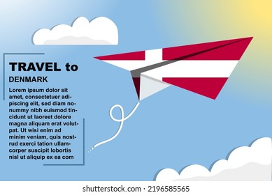 Denmark travel vector banner with paper flag and text space, Denmark country flag on paper plane, holiday and vacation concept, summer travel template and pattern, flight ticket idea