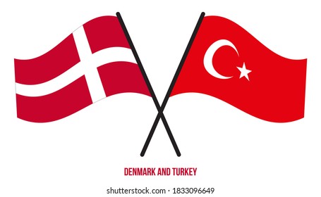 Denmark and Turkey Flags Crossed And Waving Flat Style. Official Proportion. Correct Colors.