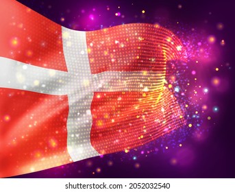 Dinamarca, bandera vectorial 3d sobre fondo púrpura rosa con iluminación y bengalas