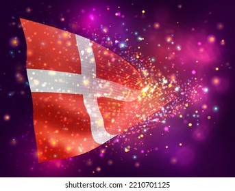 Denmark, vector 3d flag on pink purple background with lighting and flares