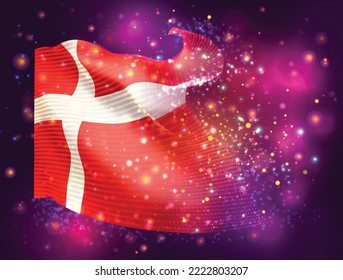 Denmark, vector 3d flag on pink purple background with lighting and flares