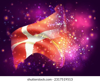 Denmark, vector 3d flag on pink purple background with lighting and flares