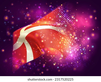 Denmark, vector 3d flag on pink purple background with lighting and flares