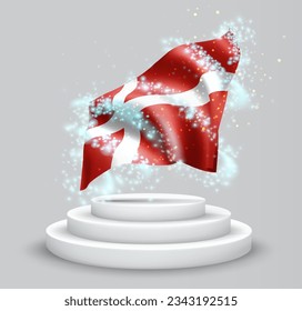 Denmark, vector 3d flag on the podium surrounded by a whirlwind of magical radiance