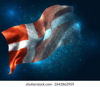 Dinamarca, vetor 3d bandeira virtual polígonos triangulares em um fundo azul