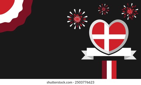 Denmark vector banner design illustration with flag colors, geometric shapes and typography. fireworks and ribbon elements.