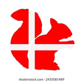 Denmark vector flag over squirrel silhouette illustration isolated on white background. Denmark national animal patriotic symbol. Lovely pet. Funny tiny rodent. Scandinavian state. EU country Europe.