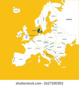 Dinamarca vetor map, Europa, mapa de vetor silhueta ilustração isolado no mapa Europa. Mapa vetorial em branco editável da Europa. 