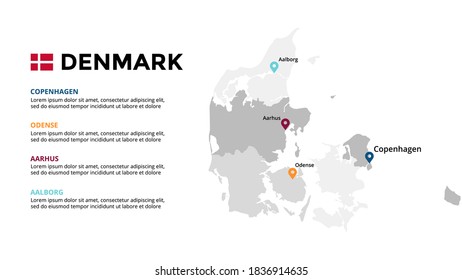 Denmark vector map infographic template. Slide presentation. Global business marketing concept. Color Europe country. World transportation geography data. 
