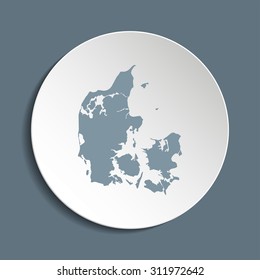 Denmark vector map on a paper circle. Cut out from white paper icon map of Denmark. Vector icon map of Denmark on dark background. Paper cut style country map. 