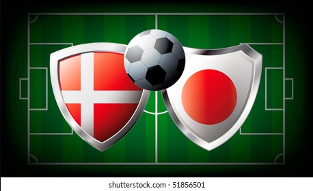 Denmark versus Japan abstract vector illustration isolated on white background. Soccer match in South Africa 2010. Shiny football shield of flag Denmark versus Japan