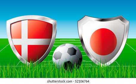Denmark versus Japan abstract vector illustration isolated on white background. Shiny football shield of flag Denmark versus Japan