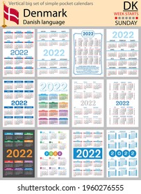 Denmark vertical Big set of pocket calendars for 2022 (two thousand twenty two). Week starts Sunday. New year. Color simple design. Vector