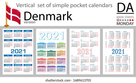 Denmark vertical set of pocket calendars for 2020 (two thousand twenty one). Week starts Monday. New year. Color simple design. Vector