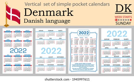 Denmark vertical set of pocket calendars for 2022 (two thousand twenty two). Week starts Sunday. New year. Color simple design. Vector