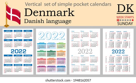 Denmark vertical set of pocket calendars for 2022 (two thousand twenty two). Week starts Sunday. New year. Color simple design. Vector