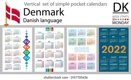 Denmark vertical set of pocket calendars for 2022 (two thousand twenty two). Week starts Monday. New year. Color simple design. Vector