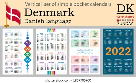 Denmark vertical set of pocket calendars for 2022 (two thousand twenty two). Week starts Sunday. New year. Color simple design. Vector