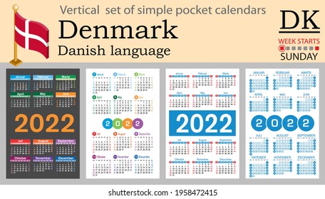 Denmark vertical set of pocket calendars for 2022 (two thousand twenty two). Week starts Sunday. New year. Color simple design. Vector