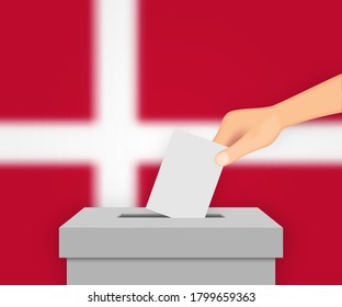 Denmark vote election banner background. Ballot Box with blurred flag