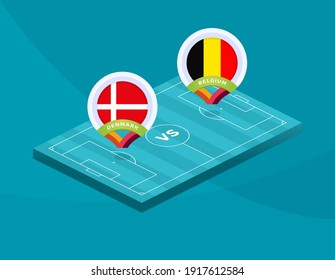 Denmark vs Belgium euro 2020 match. Football 2020 championship match versus teams intro sport background, championship competition final poster, flat style vector illustration.