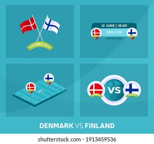 Partidos Dinamarca vs Finlandia. Partido del campeonato de fútbol 2020 frente a equipos de fondo deportivo intro, póster final del concurso de campeonato, ilustración vectorial de estilo plano.