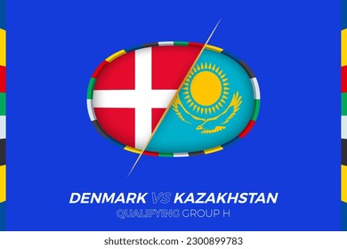 Denmark vs Kazakhstan icon for European football tournament qualification, group H. Competition icon on the stylized background.