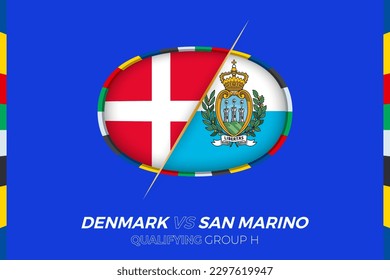 Denmark vs San Marino icon for European football tournament qualification, group H. Competition icon on the stylized background.