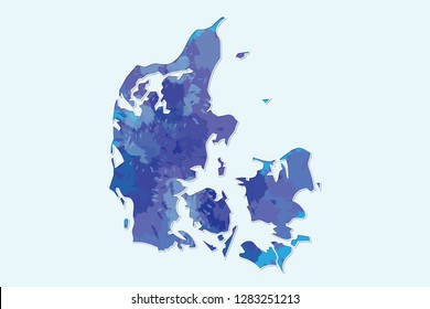 Denmark watercolor map vector illustration of blue color with border lines and shadow on light background using paint brush in page
