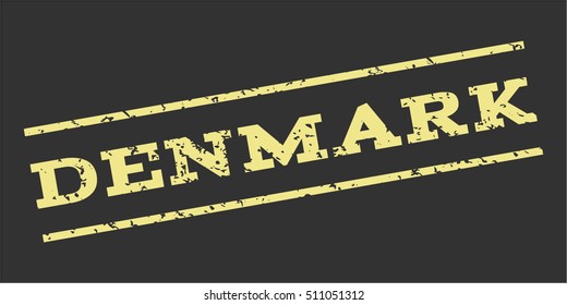 Denmark watermark stamp. Text tag between parallel lines with grunge design style. Rubber seal stamp with dust texture. Vector khaki yellow color ink imprint on a gray background.