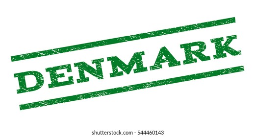 Denmark watermark stamp. Text tag between parallel lines with grunge design style. Rubber seal stamp with dust texture. Vector green color ink imprint on a white background.