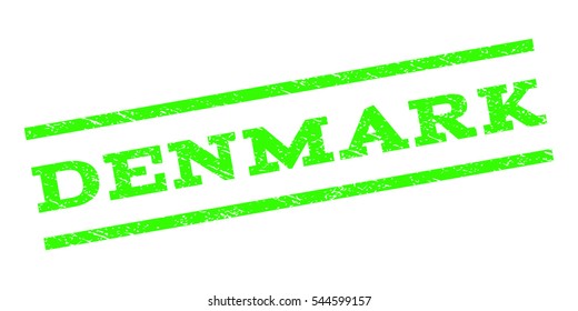 Denmark watermark stamp. Text tag between parallel lines with grunge design style. Rubber seal stamp with unclean texture. Vector light green color ink imprint on a white background.