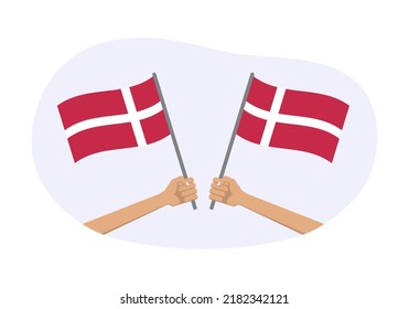 Denmark waving flag icon or badge. Hand holding Danish flags. Vector illustration.