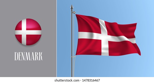 Denmark waving flag on flagpole and round icon vector illustration. Realistic 3d mockup with design of Danish flag and circle button 