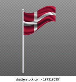Denmark waving flag on metal pole. Vector illustration.