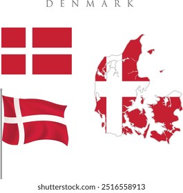 Denmark waving flag vector icon. National symbol of Denmark. Vector illustration isolated on white background . Denmark flag set. Danish national symbol.