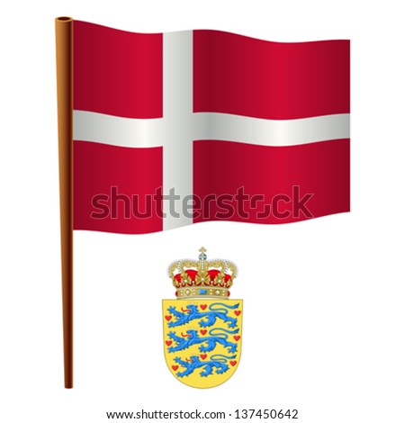 denmark wavy flag and coat of arms against white background, vector art illustration, image contains transparency