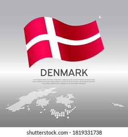 Denmark wavy flag and mosaic map on light background. Creative background for denmark national poster. Vector design. Business booklet. State danish patriotic banner, flyer