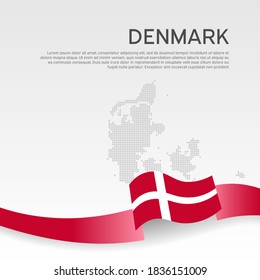 Denmark wavy flag and mosaic map on white background. Denmark flag color wavy ribbon. National poster design. State danish patriotic banner, flyer. Business booklet. Vector illustration