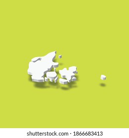 Dinamarca - mapa blanco de silueta 3D del área del país con sombra caída sobre el fondo verde. Simple ilustración vectorial plana.