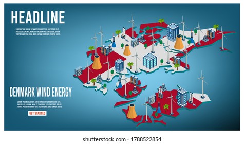 Denmark Wind Turbine Alternative renewable Energy generator Resource. Green concept. Vector illustration.