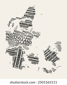 Dänemark Word Cloud. Land mit Regionenabteilung. Dänemark typografischen Text Wolken Vektorbild-Design. Vintage Gazette Stil Land Form Bild. Elegante Vektorgrafik.